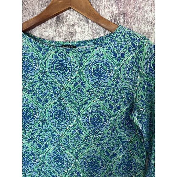Talbots Petites Bateau Neck Tee Blue Green Pattern Coastal Casual Top Blouse PS - Picture 2 of 10